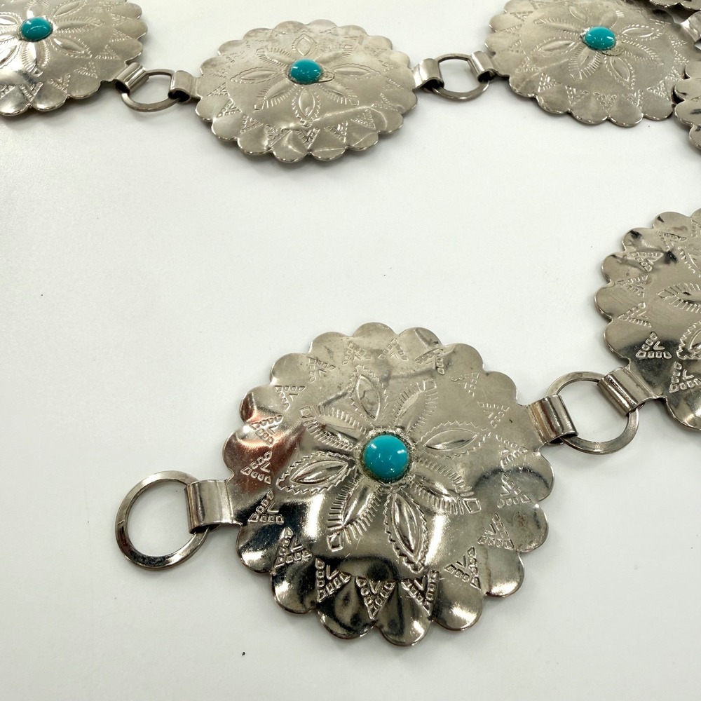 Unbranded Concho Chain Belt Set Women OS Silver Good Turquoise Thunderbird Boho - Picture 2 of 5